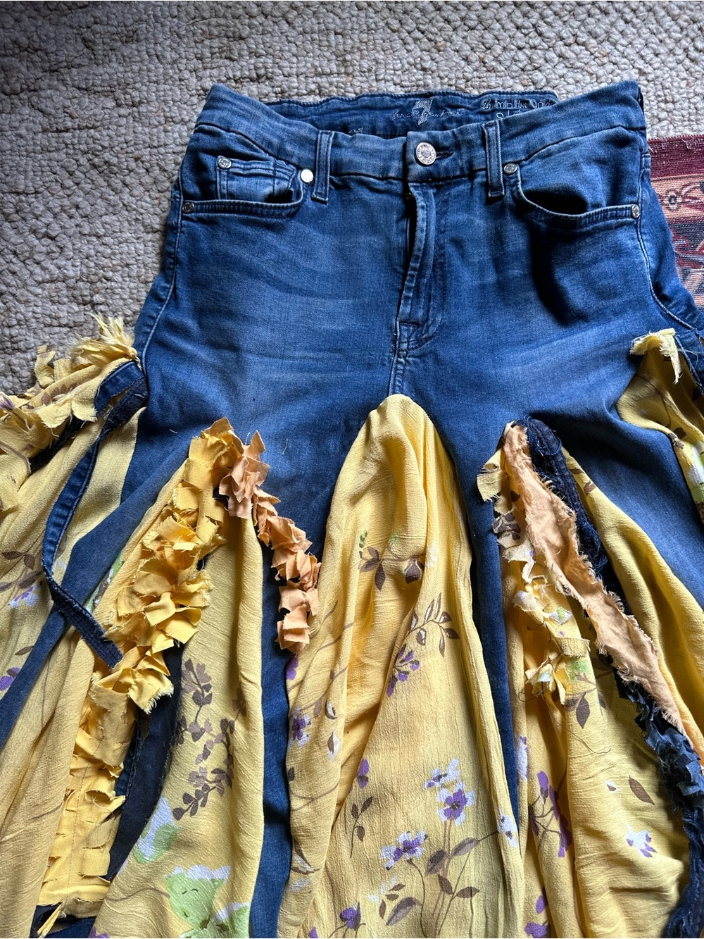 7 For All Mankind Yellow Floral Asymmetrical Skirt with Denim High Waist - Picture 7 of 8